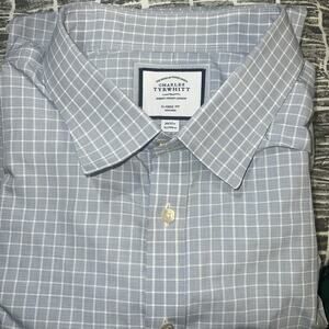 Charles Tyrwhitt Men Non Iron Blue Plaid Dress Shirt Size 20/37 in